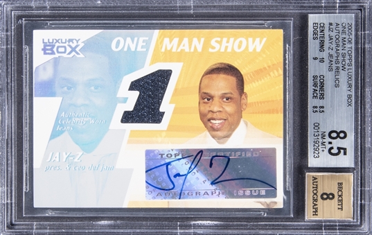 2006 Topps Luxury Box "One Man Show" Autograph Relics #OMSAR-JZ Jay-Z Signed Jean Patch Card (#04/10) - BGS NM-MT+ 8.5/BGS 8 